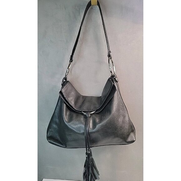 Alfani Black Pebbled Leather  Hobo Shoulder Bag Fold Over Tassel Silver Rings EC - Picture 1 of 16